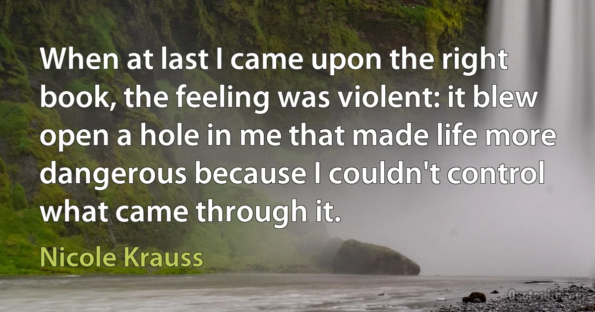 When at last I came upon the right book, the feeling was violent: it blew open a hole in me that made life more dangerous because I couldn't control what came through it. (Nicole Krauss)