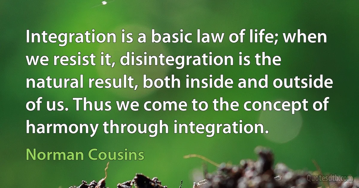 Integration is a basic law of life; when we resist it, disintegration is the natural result, both inside and outside of us. Thus we come to the concept of harmony through integration. (Norman Cousins)