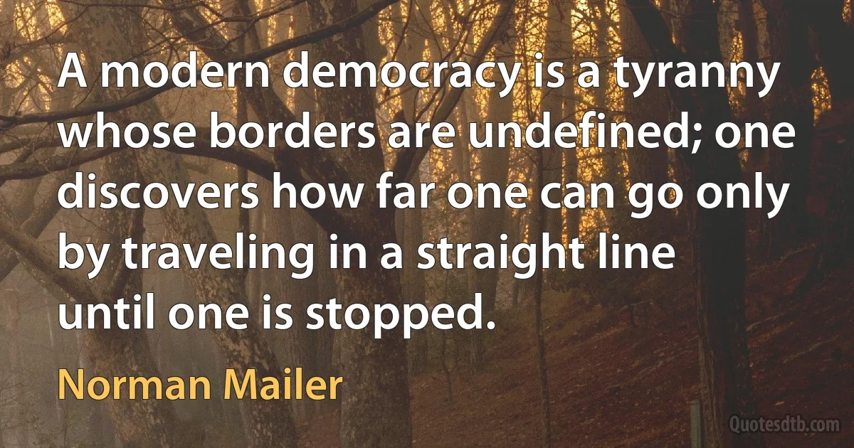 A modern democracy is a tyranny whose borders are undefined; one discovers how far one can go only by traveling in a straight line until one is stopped. (Norman Mailer)