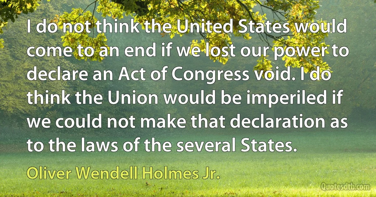 I do not think the United States would come to an end if we lost our power to declare an Act of Congress void. I do think the Union would be imperiled if we could not make that declaration as to the laws of the several States. (Oliver Wendell Holmes Jr.)