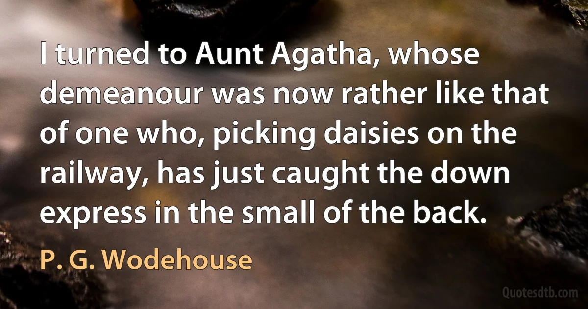 I turned to Aunt Agatha, whose demeanour was now rather like that of one who, picking daisies on the railway, has just caught the down express in the small of the back. (P. G. Wodehouse)