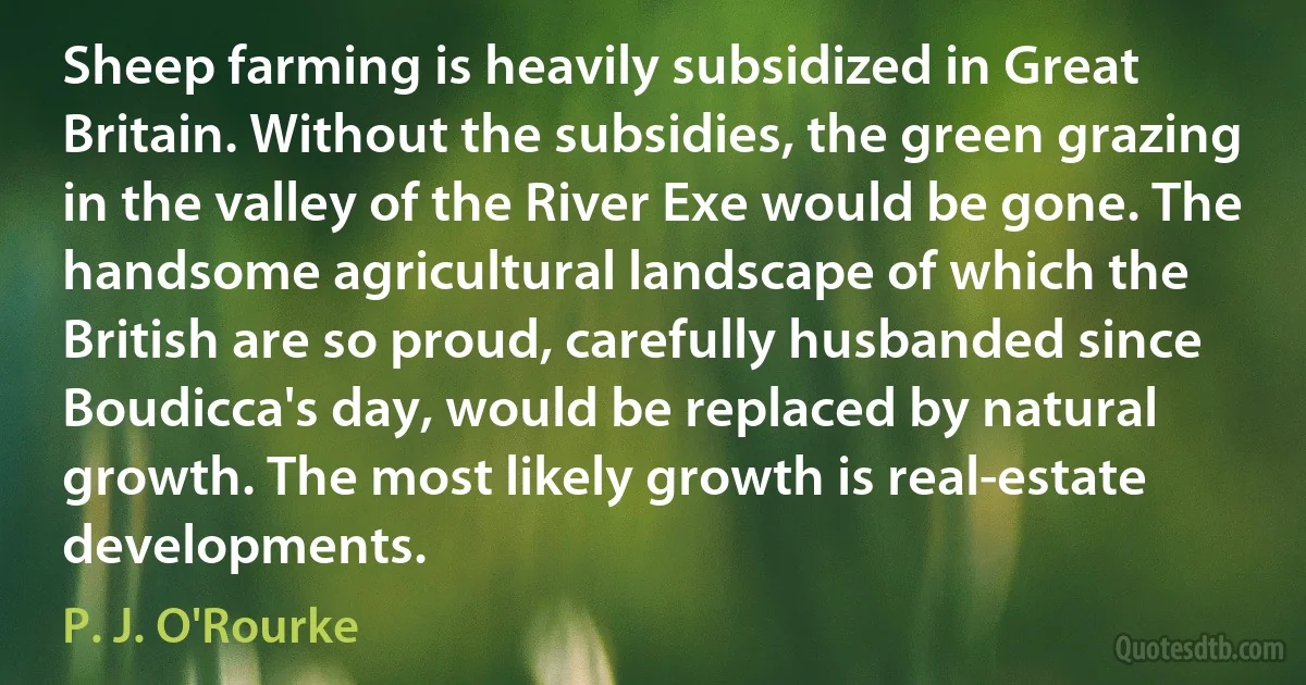 Sheep farming is heavily subsidized in Great Britain. Without the subsidies, the green grazing in the valley of the River Exe would be gone. The handsome agricultural landscape of which the British are so proud, carefully husbanded since Boudicca's day, would be replaced by natural growth. The most likely growth is real-estate developments. (P. J. O'Rourke)