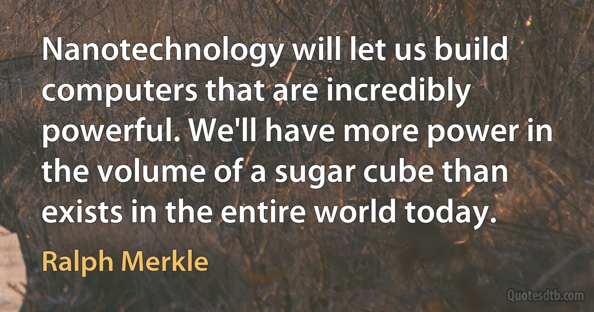 Nanotechnology will let us build computers that are incredibly powerful. We'll have more power in the volume of a sugar cube than exists in the entire world today. (Ralph Merkle)