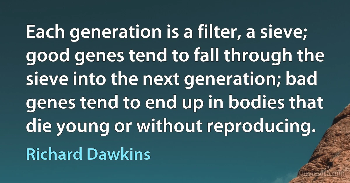 Each generation is a filter, a sieve; good genes tend to fall through the sieve into the next generation; bad genes tend to end up in bodies that die young or without reproducing. (Richard Dawkins)