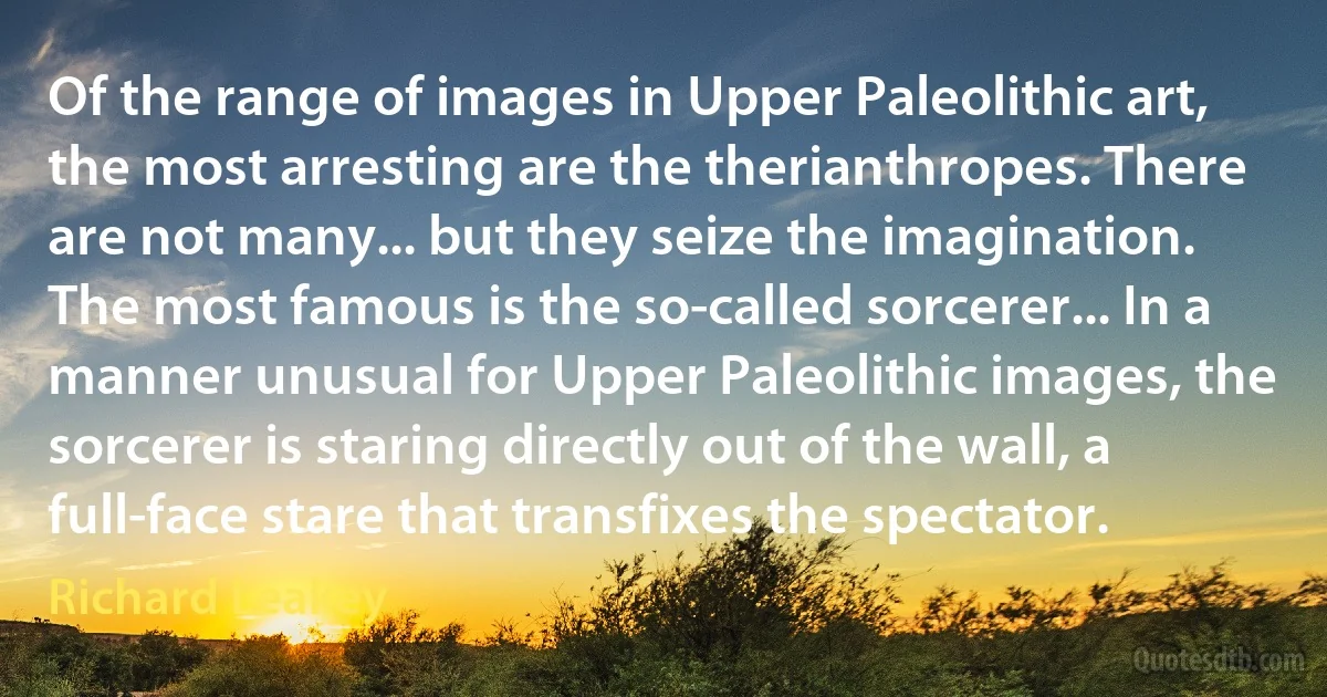 Of the range of images in Upper Paleolithic art, the most arresting are the therianthropes. There are not many... but they seize the imagination. The most famous is the so-called sorcerer... In a manner unusual for Upper Paleolithic images, the sorcerer is staring directly out of the wall, a full-face stare that transfixes the spectator. (Richard Leakey)