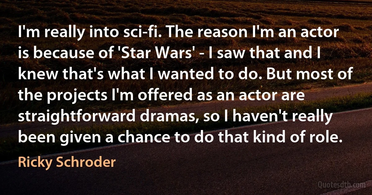 I'm really into sci-fi. The reason I'm an actor is because of 'Star Wars' - I saw that and I knew that's what I wanted to do. But most of the projects I'm offered as an actor are straightforward dramas, so I haven't really been given a chance to do that kind of role. (Ricky Schroder)