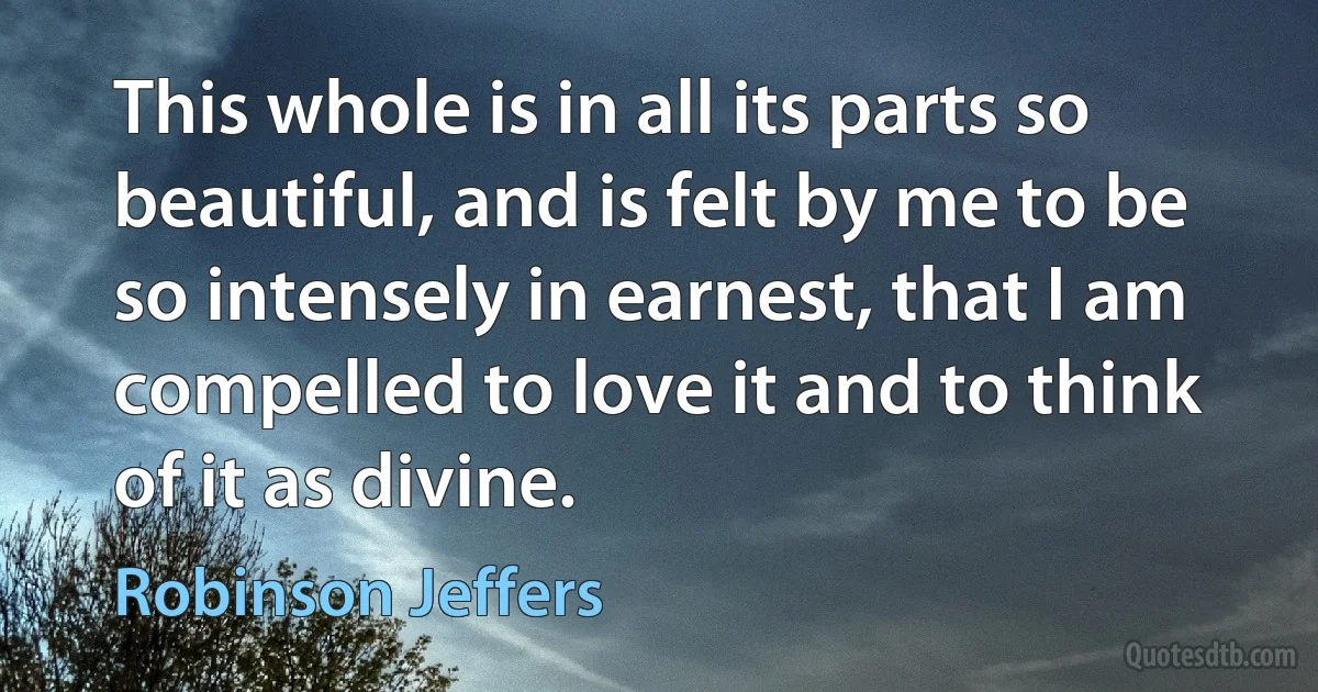 This whole is in all its parts so beautiful, and is felt by me to be so intensely in earnest, that I am compelled to love it and to think of it as divine. (Robinson Jeffers)