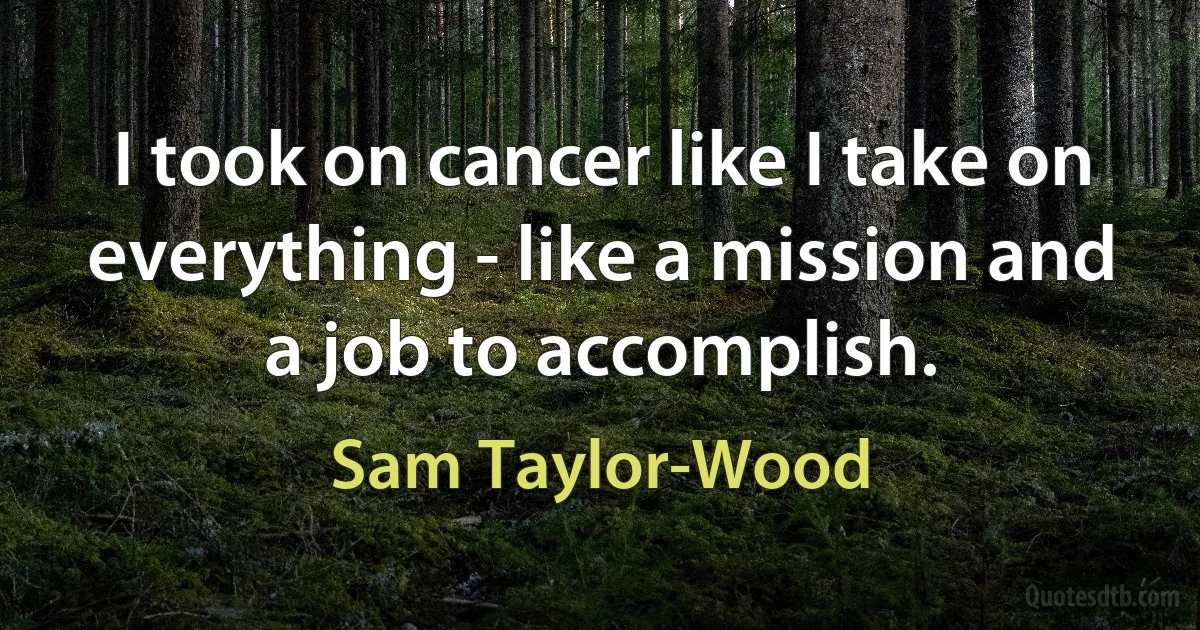 I took on cancer like I take on everything - like a mission and a job to accomplish. (Sam Taylor-Wood)