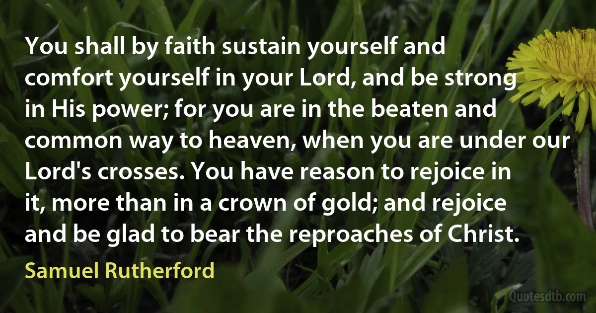 You shall by faith sustain yourself and comfort yourself in your Lord, and be strong in His power; for you are in the beaten and common way to heaven, when you are under our Lord's crosses. You have reason to rejoice in it, more than in a crown of gold; and rejoice and be glad to bear the reproaches of Christ. (Samuel Rutherford)