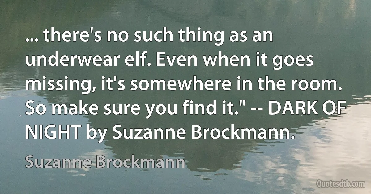 ... there's no such thing as an underwear elf. Even when it goes missing, it's somewhere in the room. So make sure you find it." -- DARK OF NIGHT by Suzanne Brockmann. (Suzanne Brockmann)