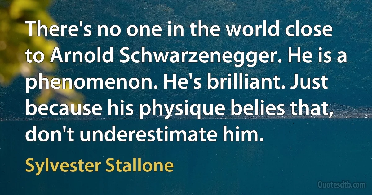 There's no one in the world close to Arnold Schwarzenegger. He is a phenomenon. He's brilliant. Just because his physique belies that, don't underestimate him. (Sylvester Stallone)