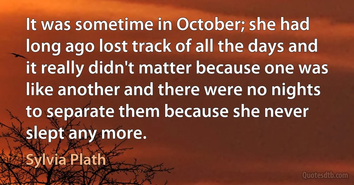 It was sometime in October; she had long ago lost track of all the days and it really didn't matter because one was like another and there were no nights to separate them because she never slept any more. (Sylvia Plath)