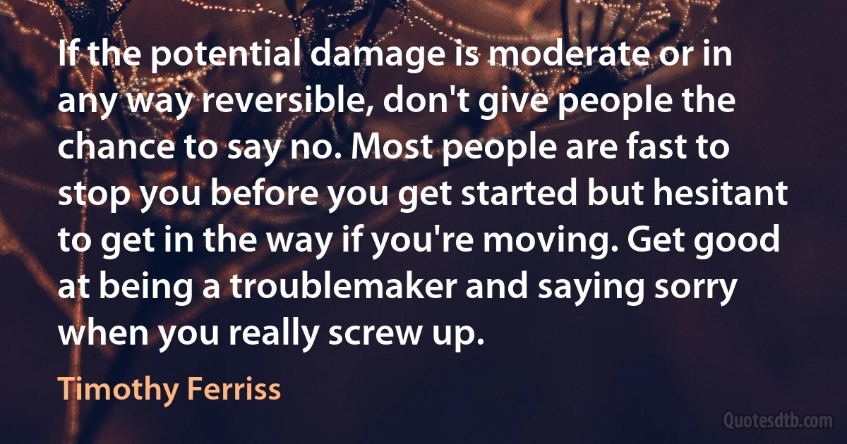 If the potential damage is moderate or in any way reversible, don't give people the chance to say no. Most people are fast to stop you before you get started but hesitant to get in the way if you're moving. Get good at being a troublemaker and saying sorry when you really screw up. (Timothy Ferriss)