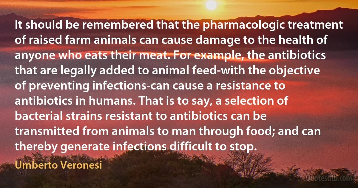 It should be remembered that the pharmacologic treatment of raised farm animals can cause damage to the health of anyone who eats their meat. For example, the antibiotics that are legally added to animal feed-with the objective of preventing infections-can cause a resistance to antibiotics in humans. That is to say, a selection of bacterial strains resistant to antibiotics can be transmitted from animals to man through food; and can thereby generate infections difficult to stop. (Umberto Veronesi)