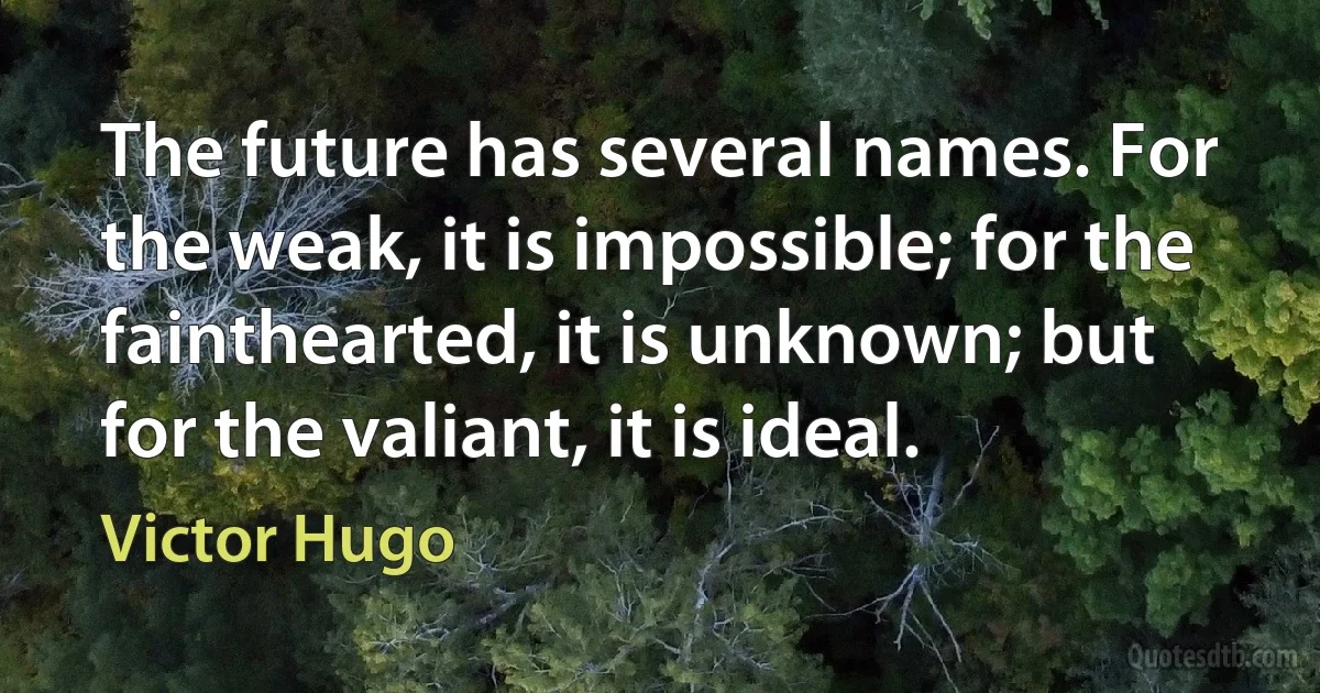 The future has several names. For the weak, it is impossible; for the fainthearted, it is unknown; but for the valiant, it is ideal. (Victor Hugo)