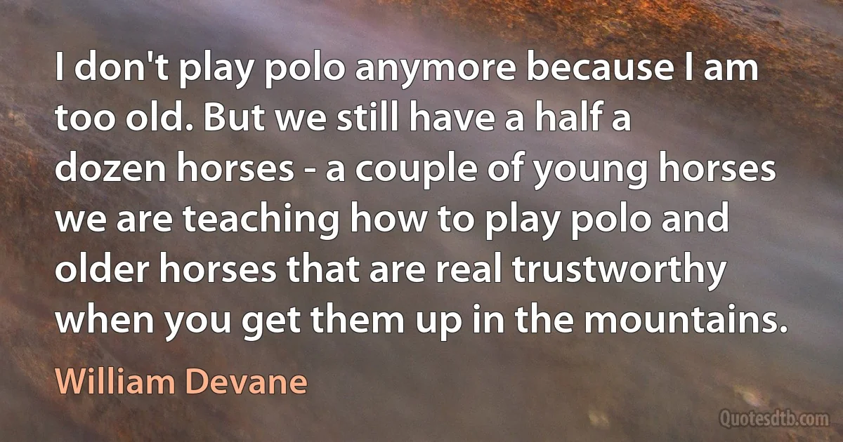 I don't play polo anymore because I am too old. But we still have a half a dozen horses - a couple of young horses we are teaching how to play polo and older horses that are real trustworthy when you get them up in the mountains. (William Devane)