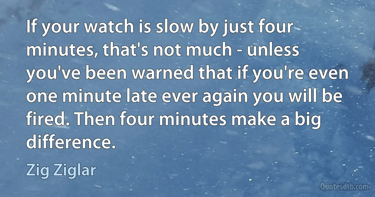 If your watch is slow by just four minutes, that's not much - unless you've been warned that if you're even one minute late ever again you will be fired. Then four minutes make a big difference. (Zig Ziglar)