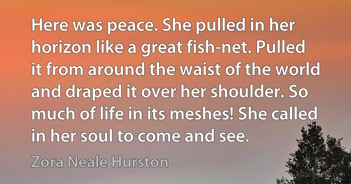 Here was peace. She pulled in her horizon like a great fish-net. Pulled it from around the waist of the world and draped it over her shoulder. So much of life in its meshes! She called in her soul to come and see. (Zora Neale Hurston)