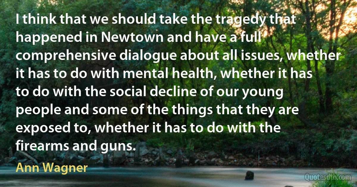 I think that we should take the tragedy that happened in Newtown and have a full comprehensive dialogue about all issues, whether it has to do with mental health, whether it has to do with the social decline of our young people and some of the things that they are exposed to, whether it has to do with the firearms and guns. (Ann Wagner)