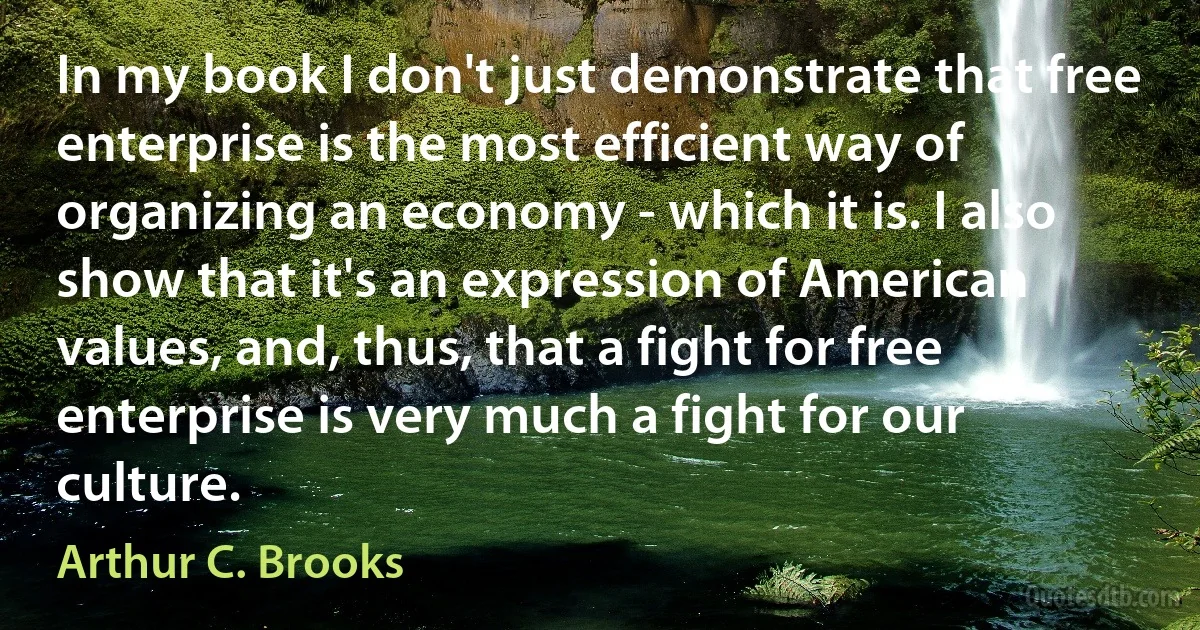 In my book I don't just demonstrate that free enterprise is the most efficient way of organizing an economy - which it is. I also show that it's an expression of American values, and, thus, that a fight for free enterprise is very much a fight for our culture. (Arthur C. Brooks)