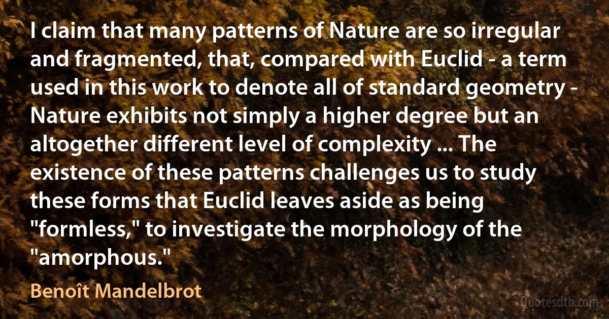 I claim that many patterns of Nature are so irregular and fragmented, that, compared with Euclid - a term used in this work to denote all of standard geometry - Nature exhibits not simply a higher degree but an altogether different level of complexity ... The existence of these patterns challenges us to study these forms that Euclid leaves aside as being "formless," to investigate the morphology of the "amorphous." (Benoît Mandelbrot)