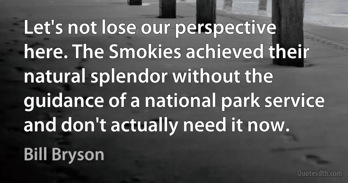 Let's not lose our perspective here. The Smokies achieved their natural splendor without the guidance of a national park service and don't actually need it now. (Bill Bryson)