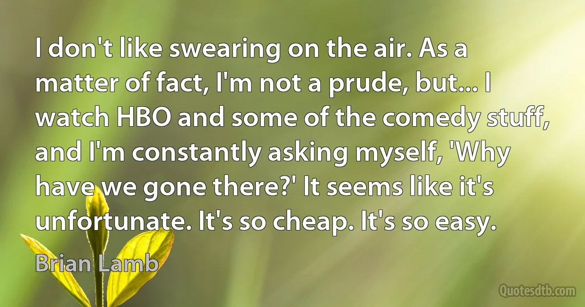 I don't like swearing on the air. As a matter of fact, I'm not a prude, but... I watch HBO and some of the comedy stuff, and I'm constantly asking myself, 'Why have we gone there?' It seems like it's unfortunate. It's so cheap. It's so easy. (Brian Lamb)