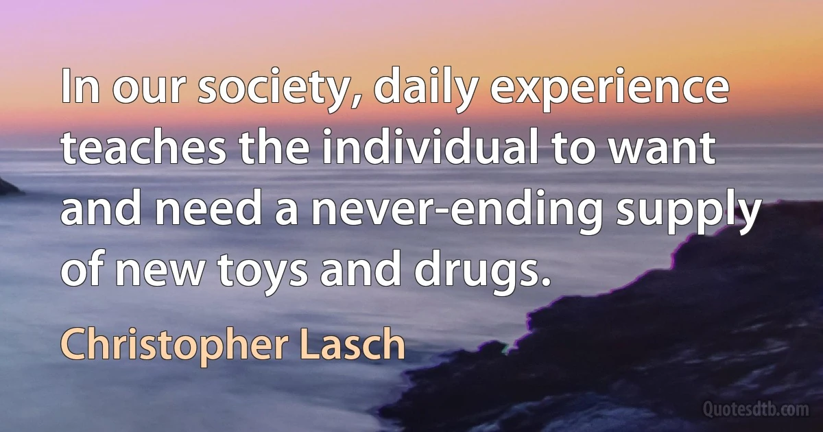 In our society, daily experience teaches the individual to want and need a never-ending supply of new toys and drugs. (Christopher Lasch)