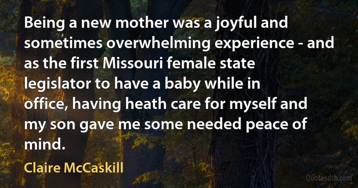 Being a new mother was a joyful and sometimes overwhelming experience - and as the first Missouri female state legislator to have a baby while in office, having heath care for myself and my son gave me some needed peace of mind. (Claire McCaskill)