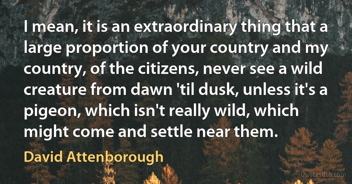 I mean, it is an extraordinary thing that a large proportion of your country and my country, of the citizens, never see a wild creature from dawn 'til dusk, unless it's a pigeon, which isn't really wild, which might come and settle near them. (David Attenborough)