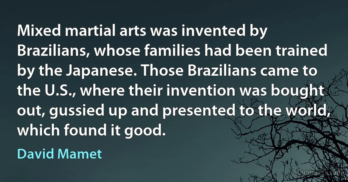 Mixed martial arts was invented by Brazilians, whose families had been trained by the Japanese. Those Brazilians came to the U.S., where their invention was bought out, gussied up and presented to the world, which found it good. (David Mamet)