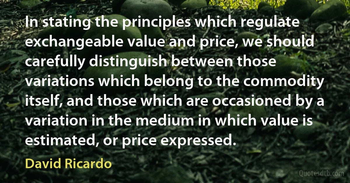 In stating the principles which regulate exchangeable value and price, we should carefully distinguish between those variations which belong to the commodity itself, and those which are occasioned by a variation in the medium in which value is estimated, or price expressed. (David Ricardo)