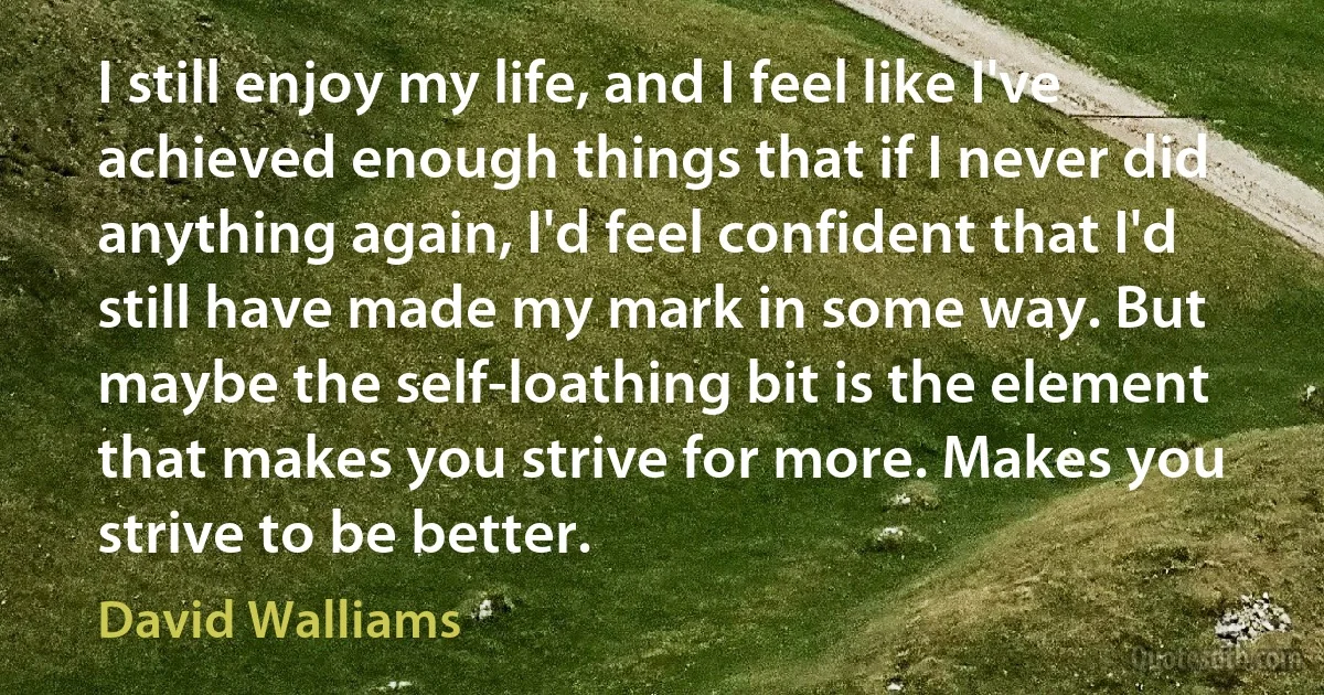 I still enjoy my life, and I feel like I've achieved enough things that if I never did anything again, I'd feel confident that I'd still have made my mark in some way. But maybe the self-loathing bit is the element that makes you strive for more. Makes you strive to be better. (David Walliams)