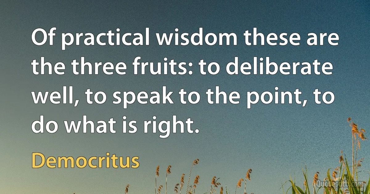 Of practical wisdom these are the three fruits: to deliberate well, to speak to the point, to do what is right. (Democritus)