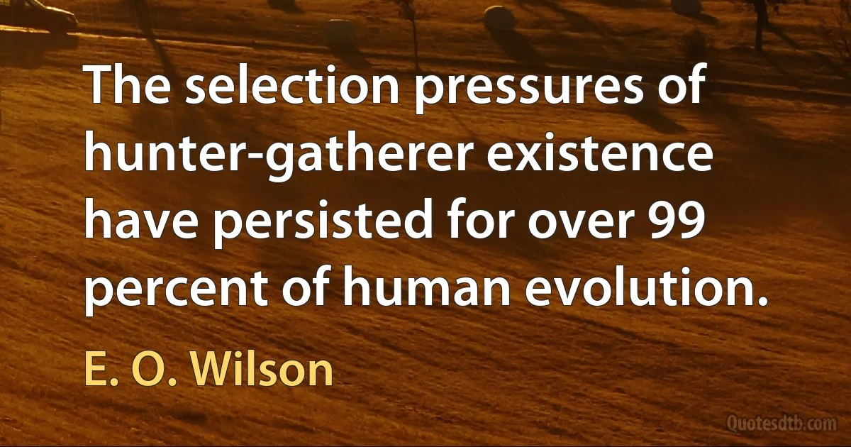 The selection pressures of hunter-gatherer existence have persisted for over 99 percent of human evolution. (E. O. Wilson)