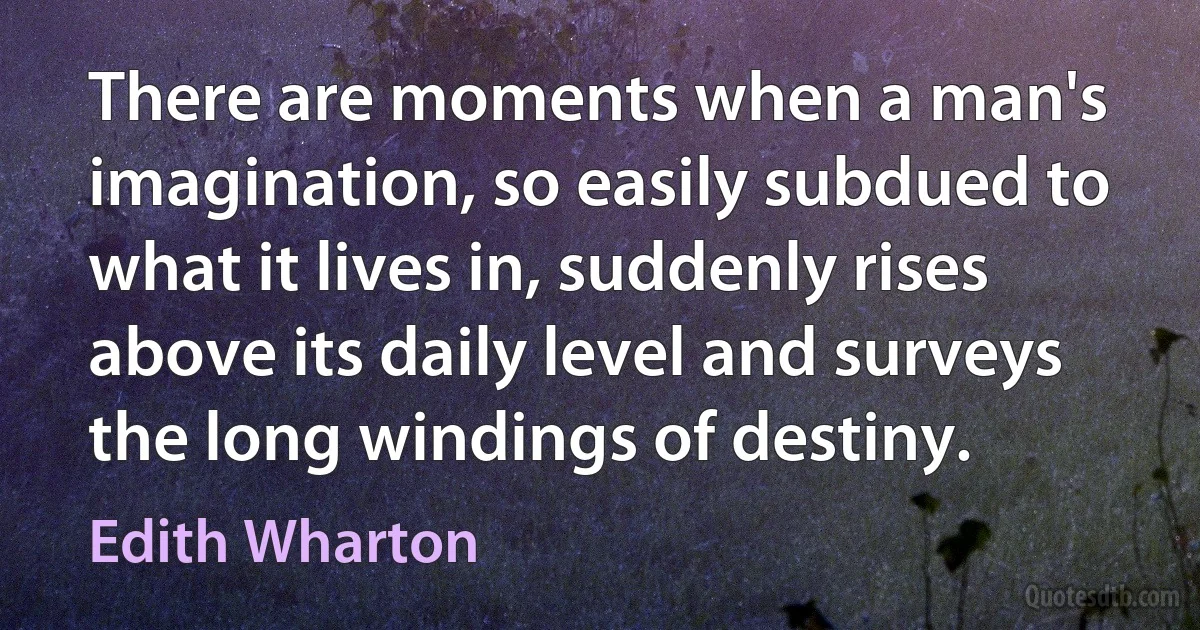 There are moments when a man's imagination, so easily subdued to what it lives in, suddenly rises above its daily level and surveys the long windings of destiny. (Edith Wharton)