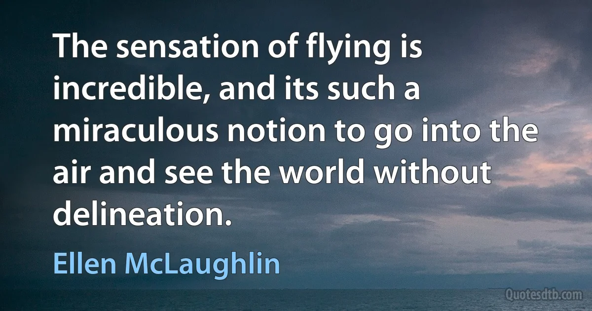 The sensation of flying is incredible, and its such a miraculous notion to go into the air and see the world without delineation. (Ellen McLaughlin)