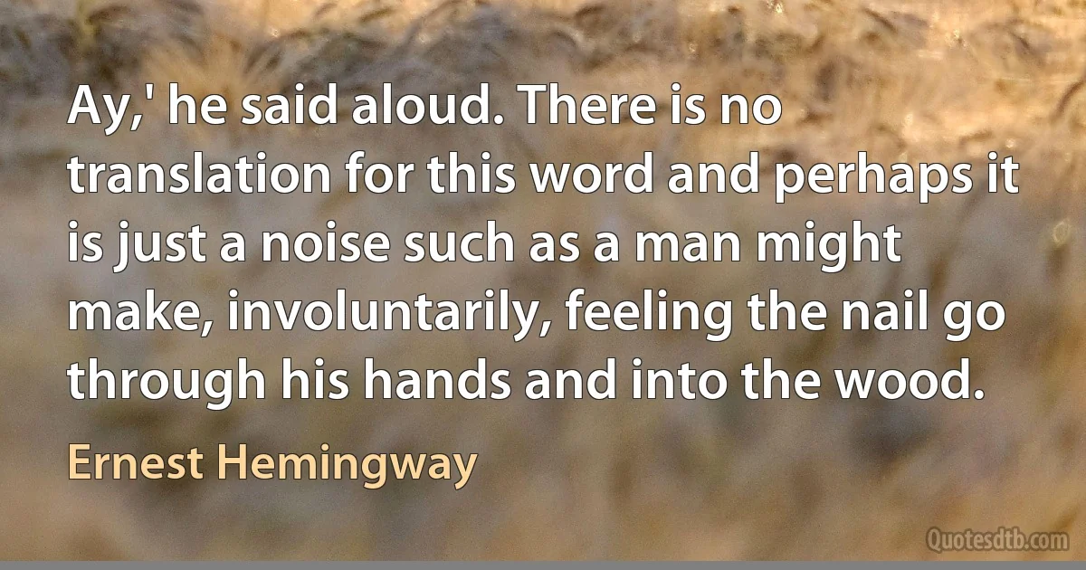 Ay,' he said aloud. There is no translation for this word and perhaps it is just a noise such as a man might make, involuntarily, feeling the nail go through his hands and into the wood. (Ernest Hemingway)