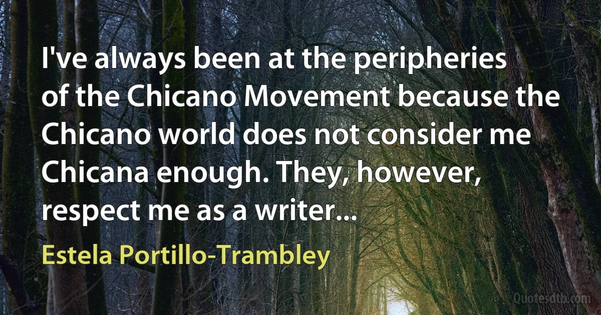 I've always been at the peripheries of the Chicano Movement because the Chicano world does not consider me Chicana enough. They, however, respect me as a writer... (Estela Portillo-Trambley)