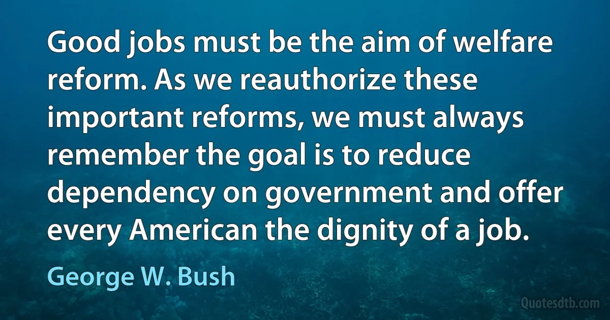 Good jobs must be the aim of welfare reform. As we reauthorize these important reforms, we must always remember the goal is to reduce dependency on government and offer every American the dignity of a job. (George W. Bush)