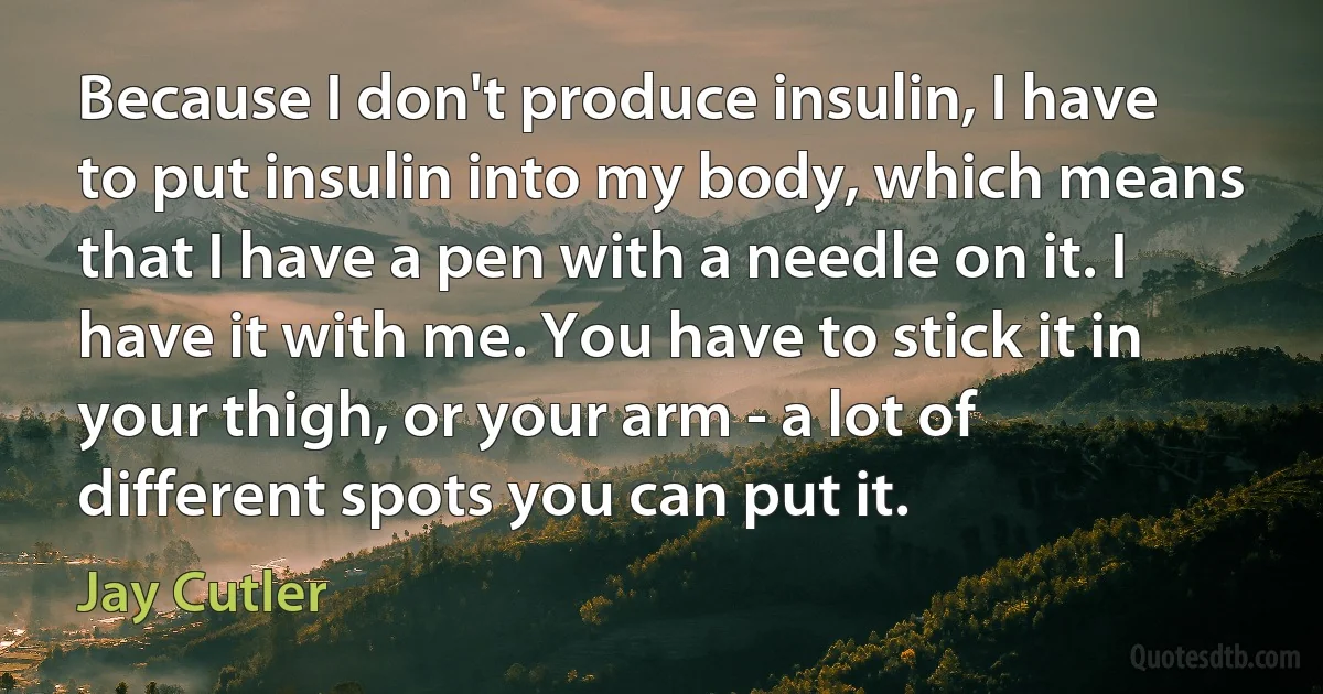 Because I don't produce insulin, I have to put insulin into my body, which means that I have a pen with a needle on it. I have it with me. You have to stick it in your thigh, or your arm - a lot of different spots you can put it. (Jay Cutler)