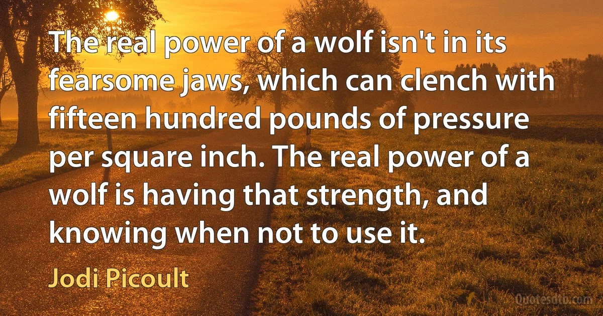 The real power of a wolf isn't in its fearsome jaws, which can clench with fifteen hundred pounds of pressure per square inch. The real power of a wolf is having that strength, and knowing when not to use it. (Jodi Picoult)