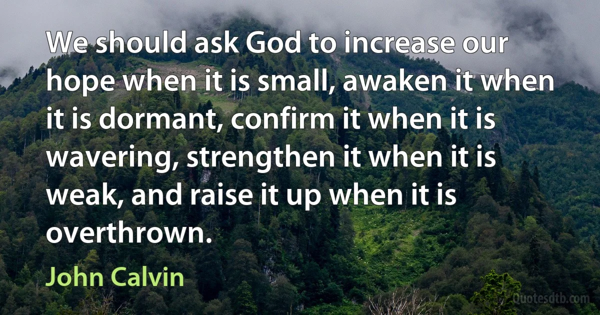 We should ask God to increase our hope when it is small, awaken it when it is dormant, confirm it when it is wavering, strengthen it when it is weak, and raise it up when it is overthrown. (John Calvin)