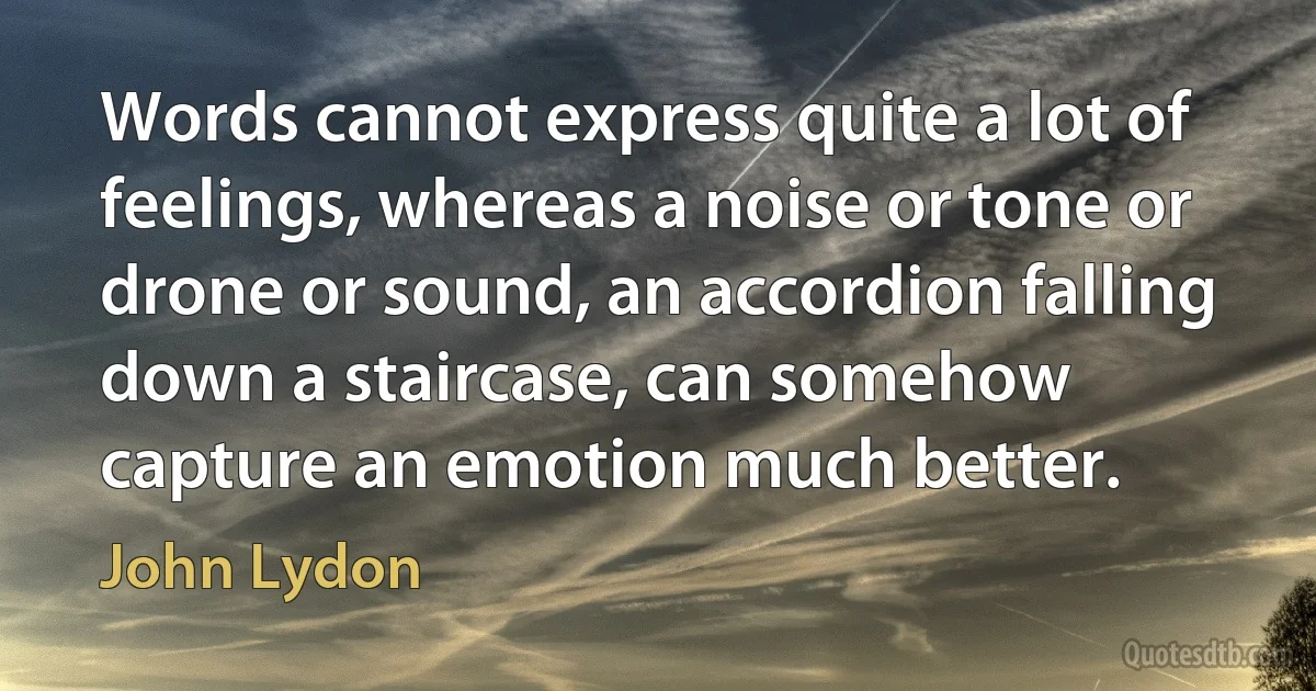 Words cannot express quite a lot of feelings, whereas a noise or tone or drone or sound, an accordion falling down a staircase, can somehow capture an emotion much better. (John Lydon)