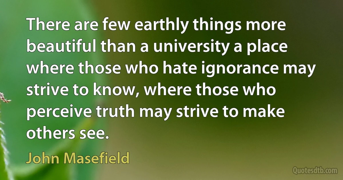 There are few earthly things more beautiful than a university a place where those who hate ignorance may strive to know, where those who perceive truth may strive to make others see. (John Masefield)