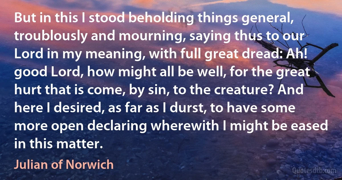 But in this I stood beholding things general, troublously and mourning, saying thus to our Lord in my meaning, with full great dread: Ah! good Lord, how might all be well, for the great hurt that is come, by sin, to the creature? And here I desired, as far as I durst, to have some more open declaring wherewith I might be eased in this matter. (Julian of Norwich)