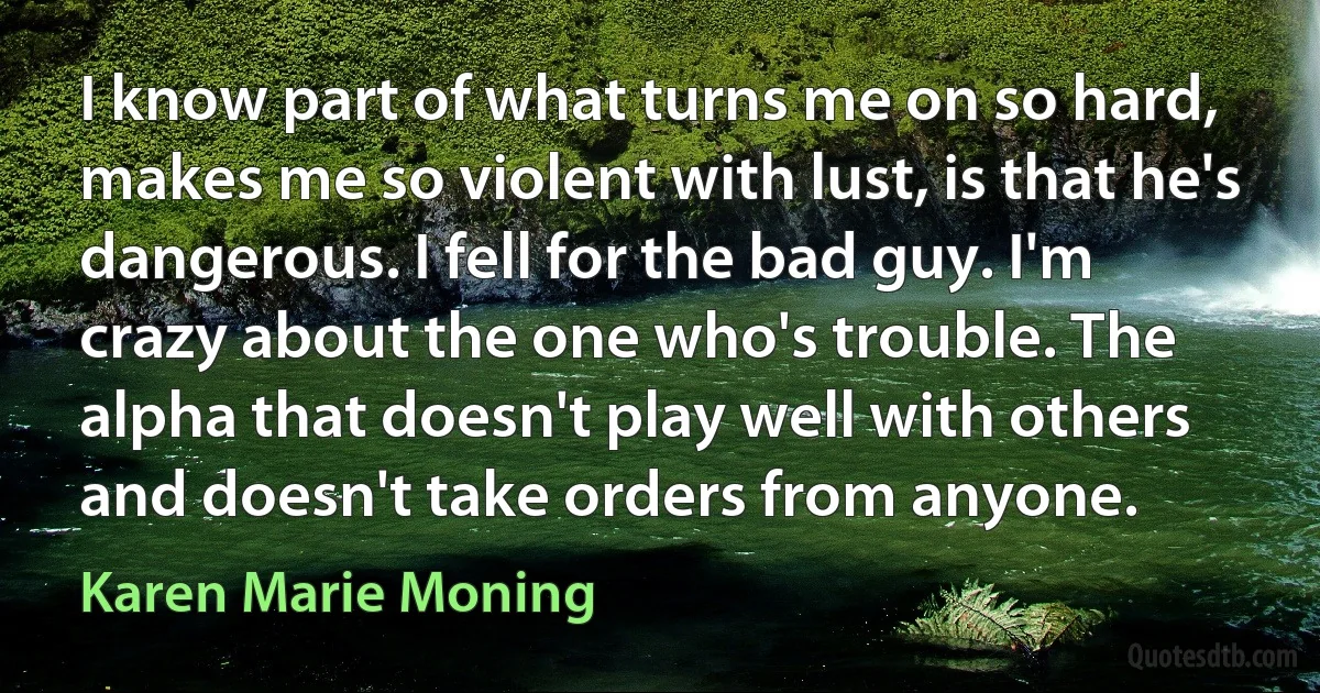 I know part of what turns me on so hard, makes me so violent with lust, is that he's dangerous. I fell for the bad guy. I'm crazy about the one who's trouble. The alpha that doesn't play well with others and doesn't take orders from anyone. (Karen Marie Moning)