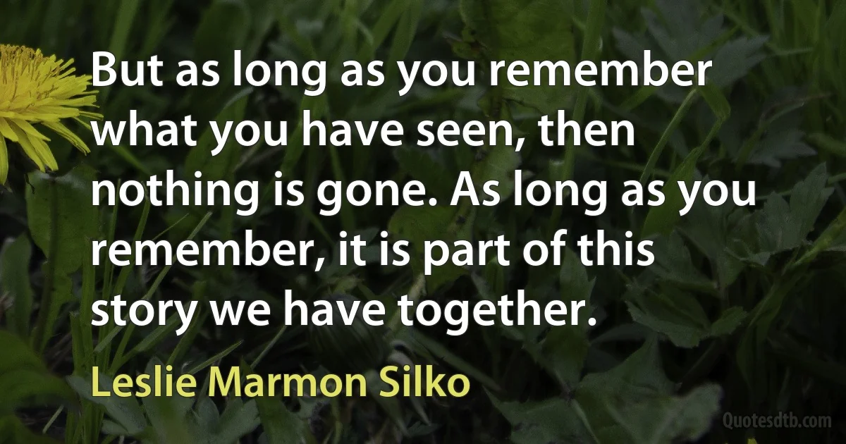 But as long as you remember what you have seen, then nothing is gone. As long as you remember, it is part of this story we have together. (Leslie Marmon Silko)