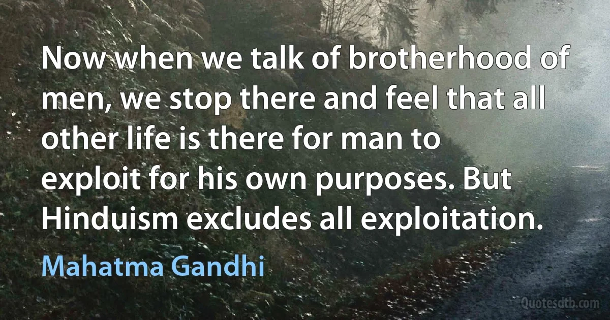 Now when we talk of brotherhood of men, we stop there and feel that all other life is there for man to exploit for his own purposes. But Hinduism excludes all exploitation. (Mahatma Gandhi)