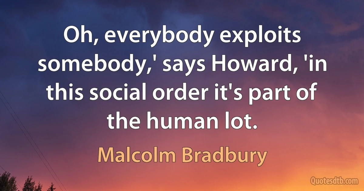 Oh, everybody exploits somebody,' says Howard, 'in this social order it's part of the human lot. (Malcolm Bradbury)